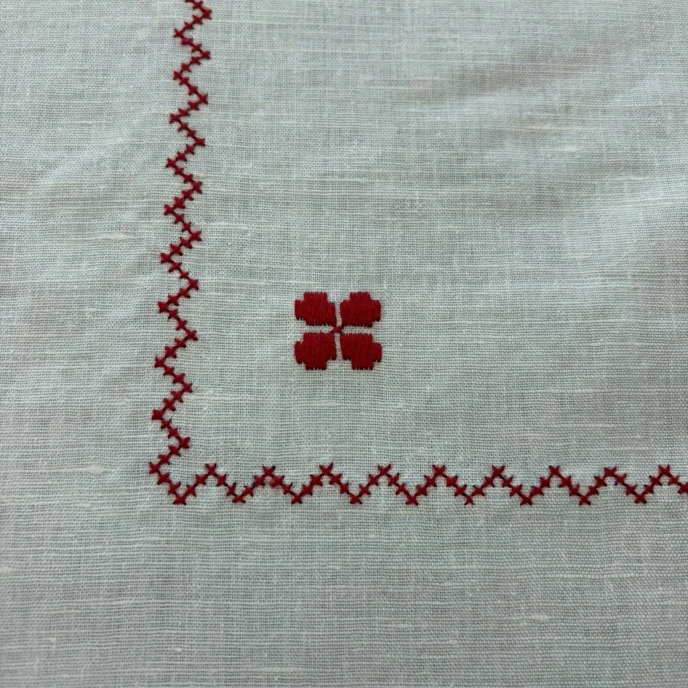 Vintage Cross Stitch Linen Tablecloth Napkin Set Red Black Folk Art Farmhouse
